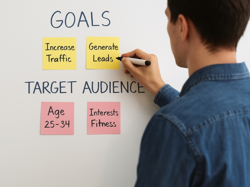 Marketer creating an audience profile with goals and target customer notes on a whiteboard.