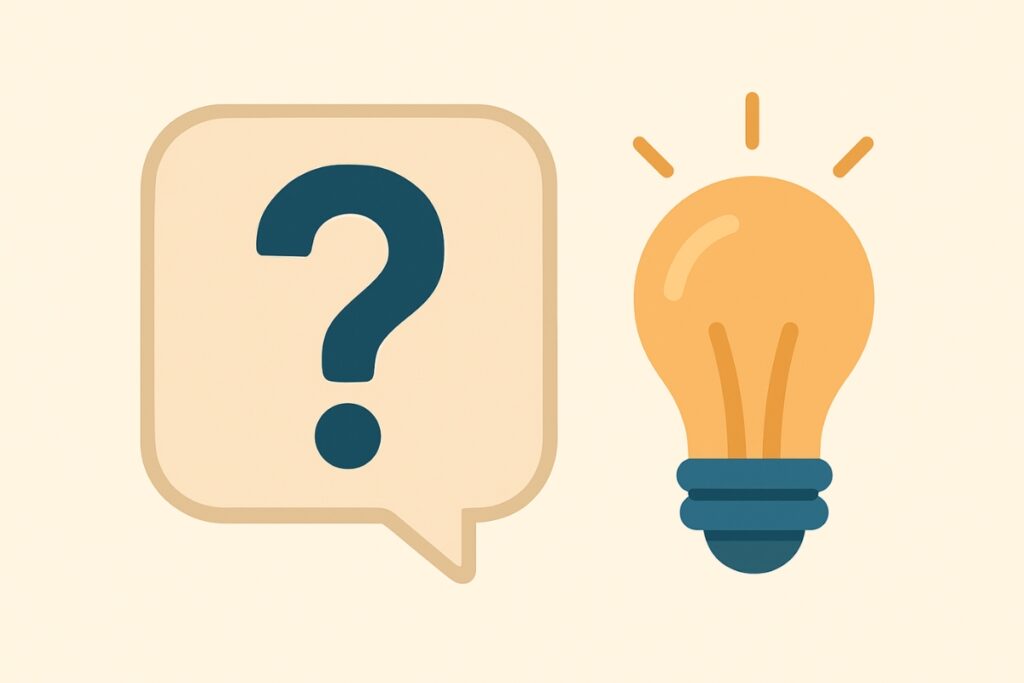 Minimal illustration of a question mark speech bubble paired with a glowing lightbulb icon representing FAQs and helpful answers