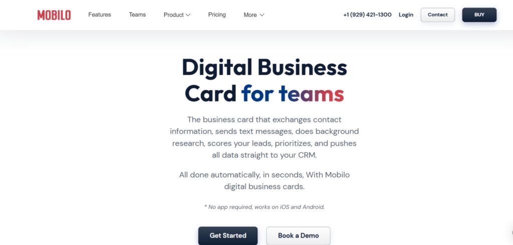 Mobilo homepage showcasing digital business card solution for teams with CRM integration and instant contact sharing.