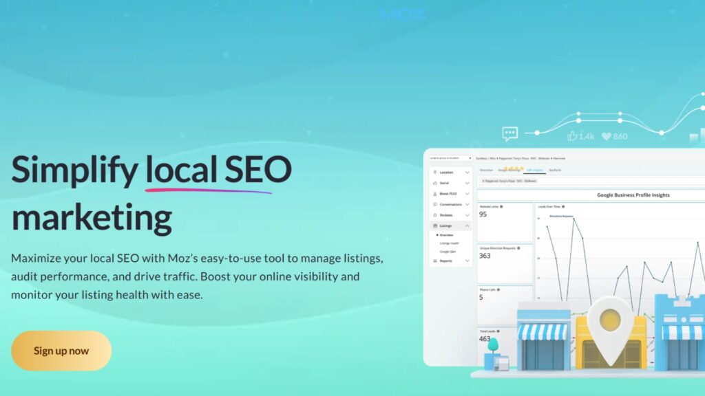 Moz Local homepage promoting its tool to simplify local SEO by managing listings, auditing performance, and boosting online visibility.