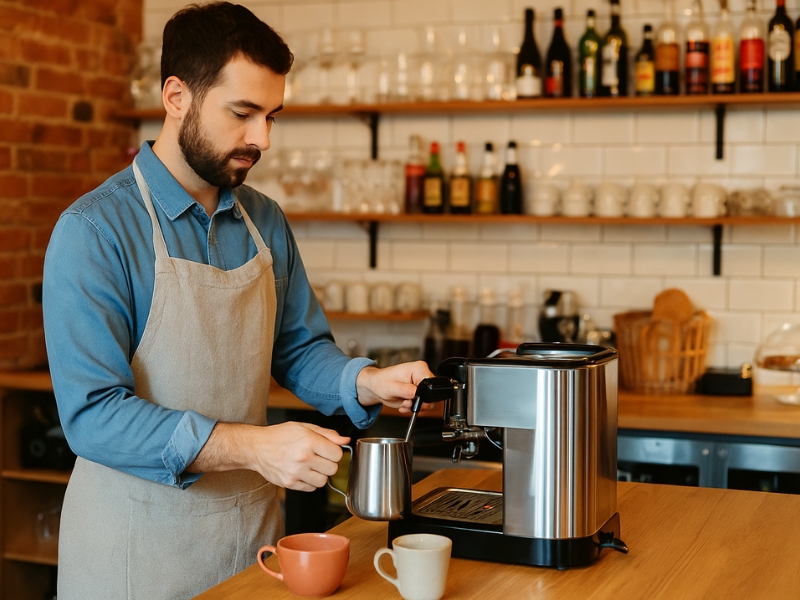 Neighborhood café barista preparing coffee, an example of a local business using a content calendar to engage the community.