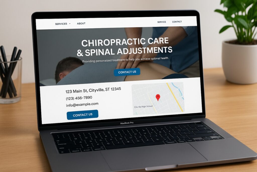 Optimized chiropractic website showing local contact details, Google Map, and service pages for SEO.