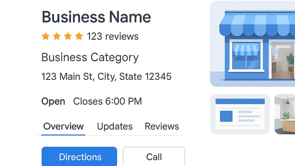 Optimized Google Business Profile showing reviews, business hours, and photos for local SEO visibility.