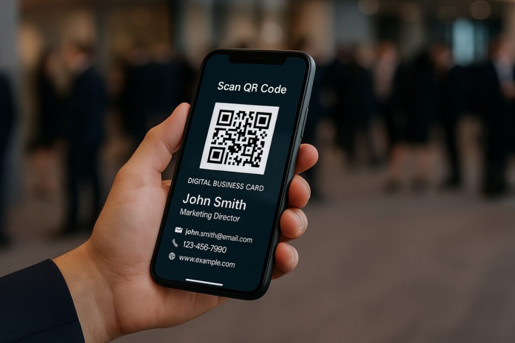 Person scanning a QR code on a phone to receive a digital business card.
