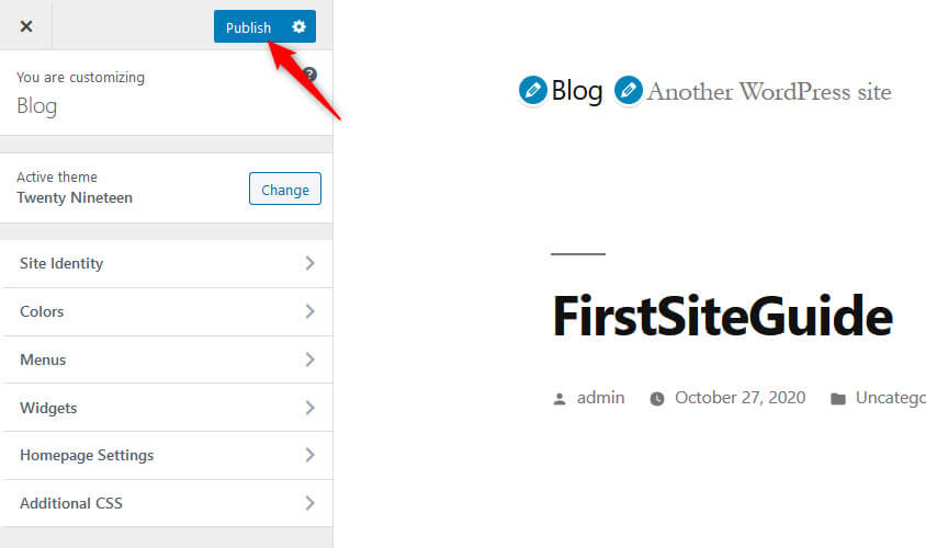 Publish button in Customize section