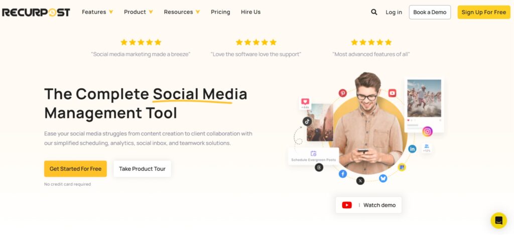 RecurPost social media scheduling and management platform homepage promoting evergreen post automation.
