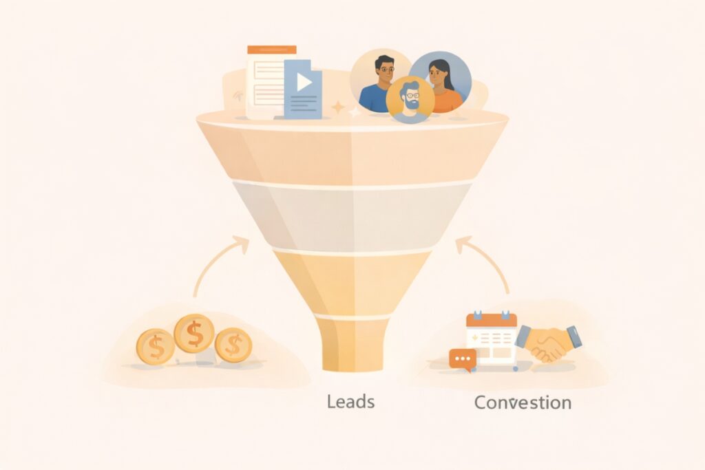 Simple funnel illustration showing content, lead generation, and conversions for coaches and consultants