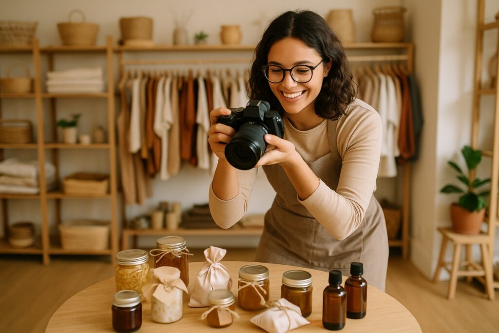 Small business owner creating local content for community marketing