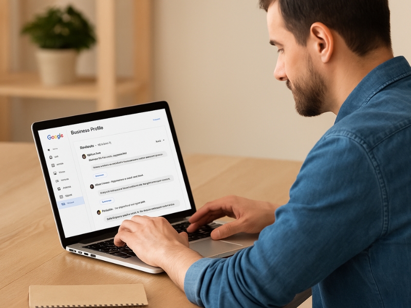 Business owner replying to customer reviews on a Google Business Profile dashboard.