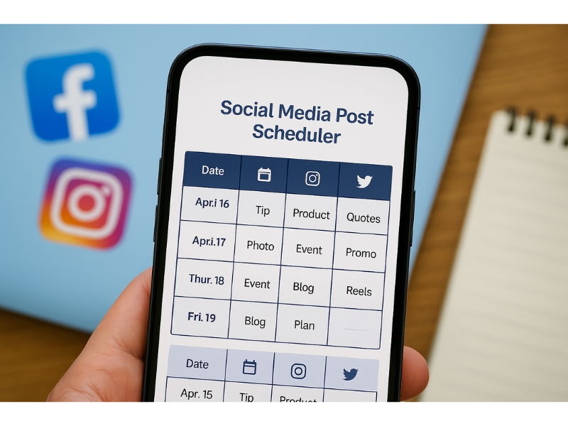Social media post scheduler showing planned content for different platforms as part of a local business marketing calendar