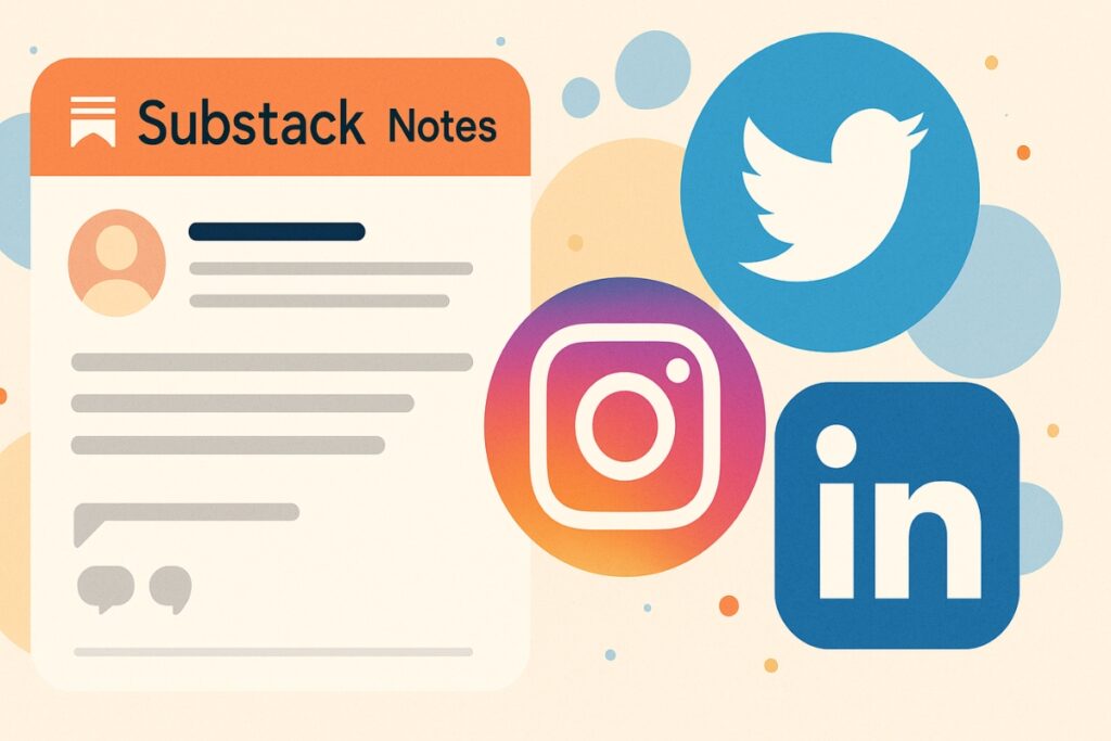 Substack Notes feed and social media icons symbolizing newsletter growth