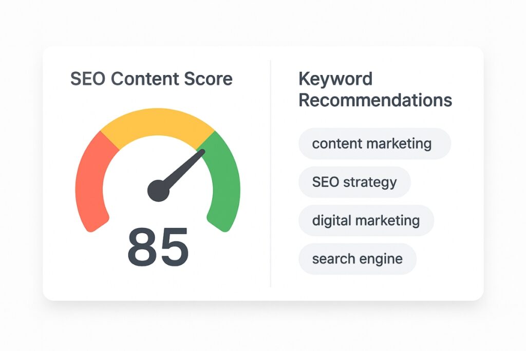 Surfer SEO content score dashboard with keyword optimization suggestions.