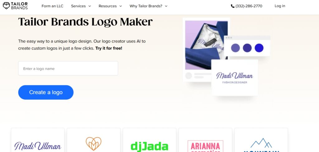 Screenshot of Tailor Brands AI logo generator landing page with a logo name input field, sample logos like Madi Ullman and Arianna Cosmetics, and branding previews showing how AI logo generators create professional designs instantly.
