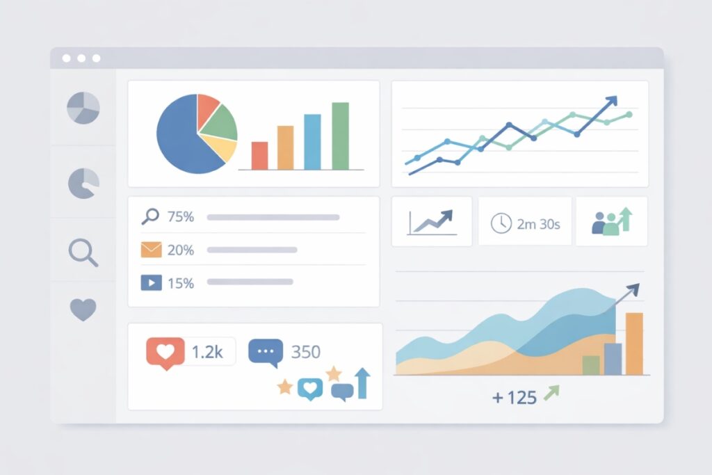 Illustration of a content performance dashboard with traffic and engagement metrics