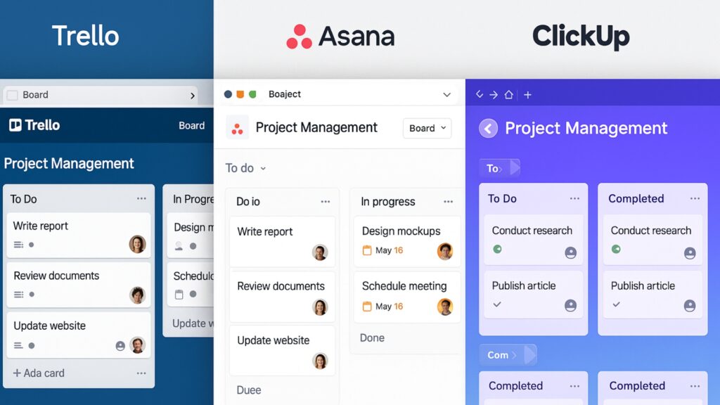 Trello, Asana, and ClickUp dashboards compared side by side for project management efficiency.