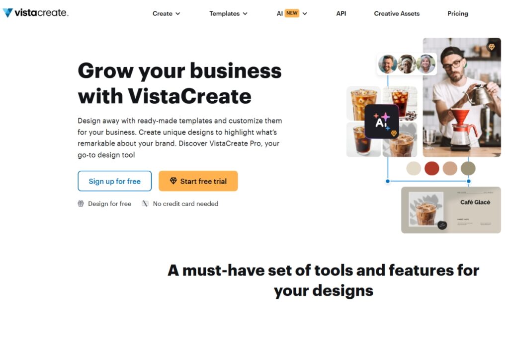 VistaCreate homepage highlighting design templates, free signup, and tools for creating branded business visuals.