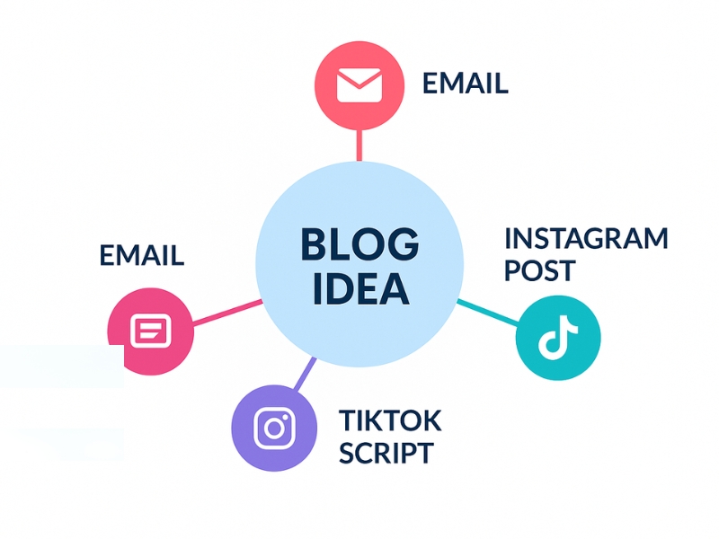 Visual of a blog idea branching into multiple content formats: email, Instagram post, TikTok script, and newsletter.