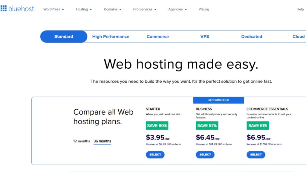 Web hosting dashboard - Bluehost