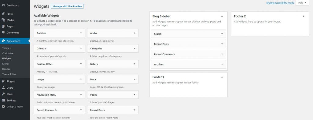 Widgets submenu screen