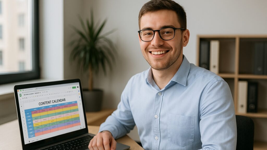 Young man in office clothes smiling at desk with a laptop showing a colorful Google Sheets content calendar.