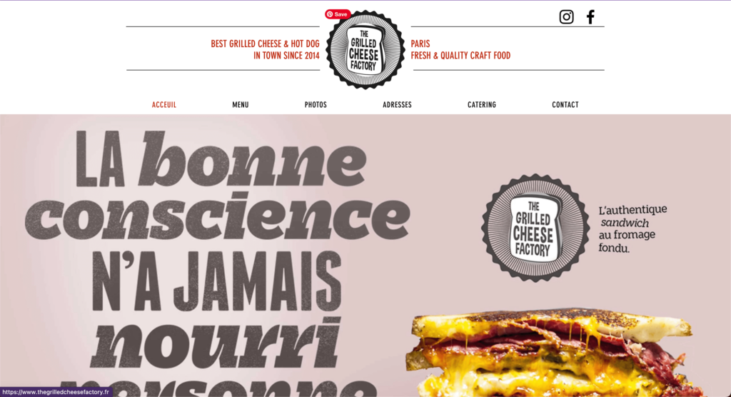 the grilled cheese factory home page with a meat and grilled cheese sandwich
