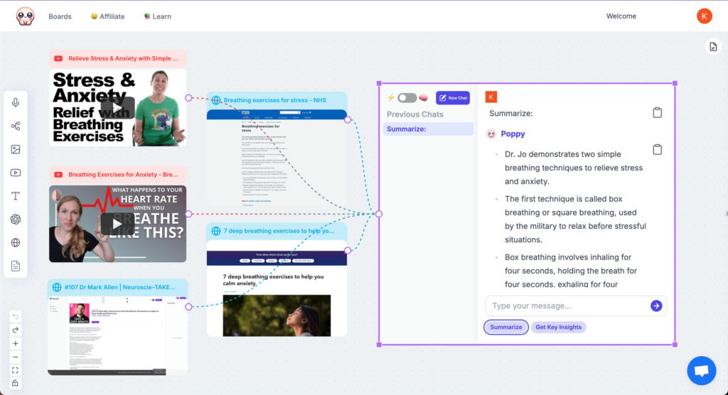poppyai board with ai chat box and multiple articles, videos, and a podcast leading to it
