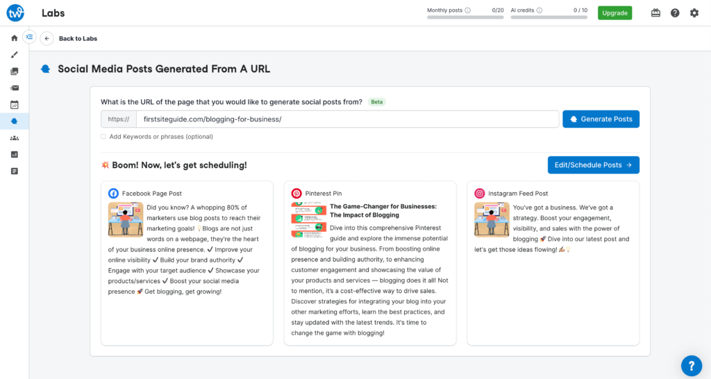 example screenshot of tailwind creating a facebook page post, a pinterest pin, and an instagram feed post from a blog URL