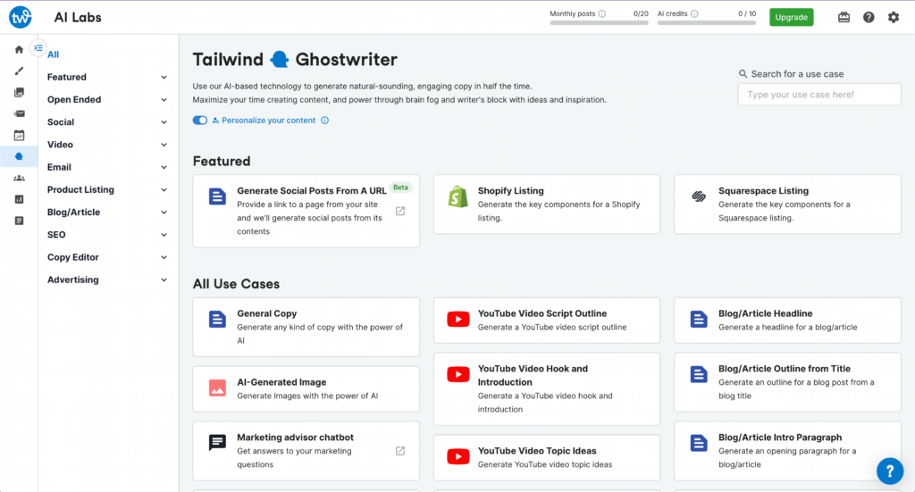 tailwinds ghostwriter ai homepage with use cases shown for youtube video scripts, blog titles, squarespace listings, and general copywriting