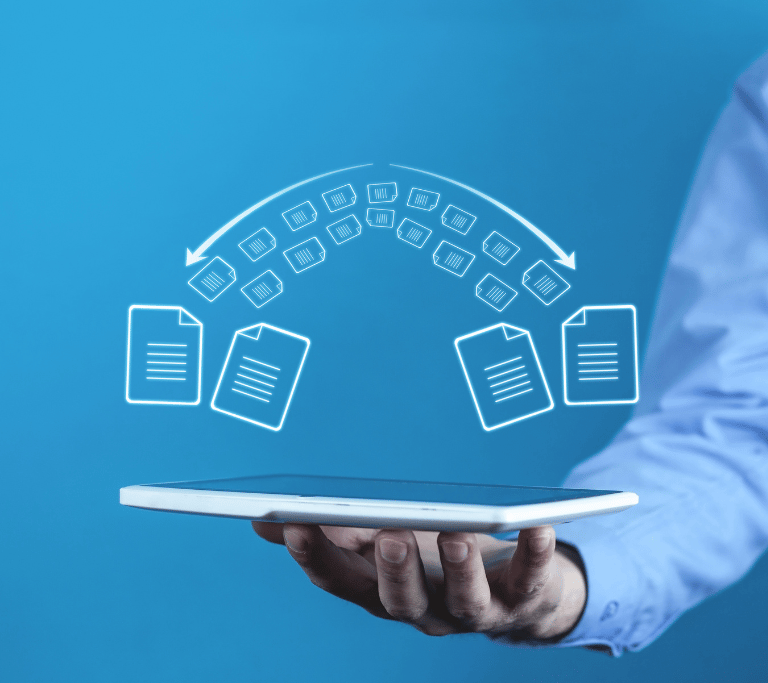 man holding a tablet with documents transferring